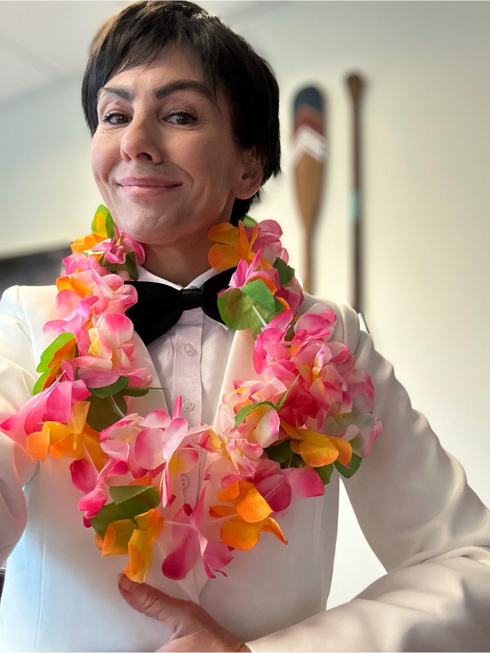 Tattoo costume (Fantasy Island tv show) includes white suit, bow tie, lei, wig.